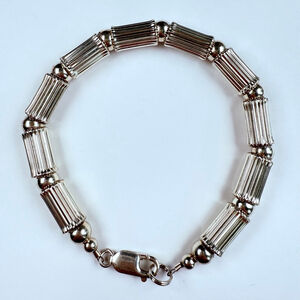 Modernist Textured Tube Ball Bead Link Chain Sterling Silver 925 Bracelet